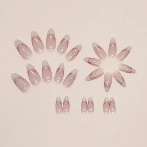 Vista 2 de Uñas postizas a presión con punta de almendra mediana, uñas postizas artificiales con diseño de líneas doradas, cobertura completa, reutilizables