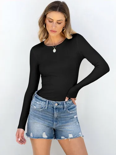 Vista 2 de ANRABESS - Camisetas de manga larga para mujer, de punto acanalado, ajustadas, básicas, 2025, informales, para usar a capas o debajo del uniforme