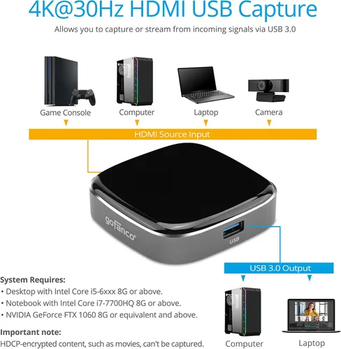 Vista 3 de gofanco Dispositivo de captura de video HDMI USB 3.0: captura, transmite, comparte juegos, captura de juegos, hasta 4K @30Hz y 1080p @120Hz, baja