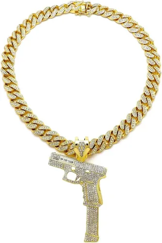 Vista 3 de Pyramid Jeweler Colgante de pistola de oro o plata para hombre Hip Hop y cadena de gargantilla cubana de Miami de 0.472in, Metal, Circonia cúbica