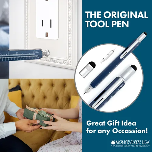 Vista 5 de Monteverde USA 9 en 1 - Pluma estilográfica en azul – Punta media, bolígrafo multifuncional con lápiz capacitivo, destornilladores, nivel y regla