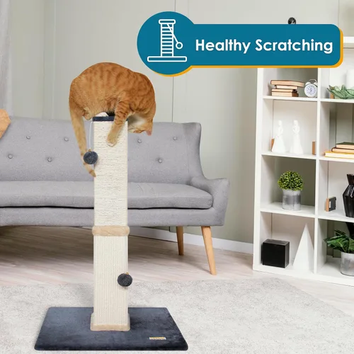 Vista 6 de Pawbee Torre rascador para gatos de 32 pulgadas con cascabeles y bolas de felpa, torre de sisal con base más grande para una mejor estabilidad, Beige