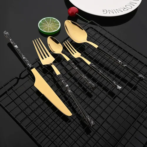Vista 4 de JASHII Juego de cubiertos de acero inoxidable con textura de mármol, 24 piezas, tenedor de cuchillo, cuchara de té, cubiertos plateados para 6