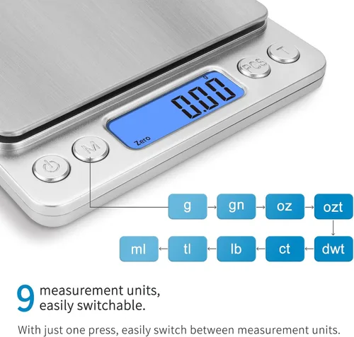 Vista 3 de Balanza digital de cocina, de bolsillo. Pesa desde 0.01 hasta 500 gramos. Balanza de precisión, portátil, para pesar alimentos, joyas