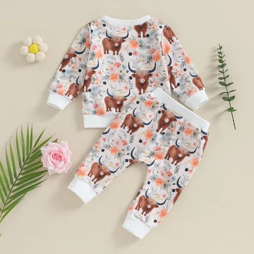 Vista 3 de Omkzanbi Western Baby Girl Boy - Sudadera retro para bebé, niña, niño, mamá, vaquera, pantalones deportivos de vaca de las tierras altas, traje