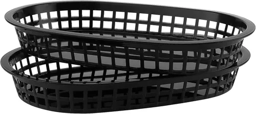 Vista 6 de Paquete de 24 cestas negras para servir comida rápida, de 11 x 7 pulgadas, forma ovalada de plástico para servicio de delicatessen, pan, perritos