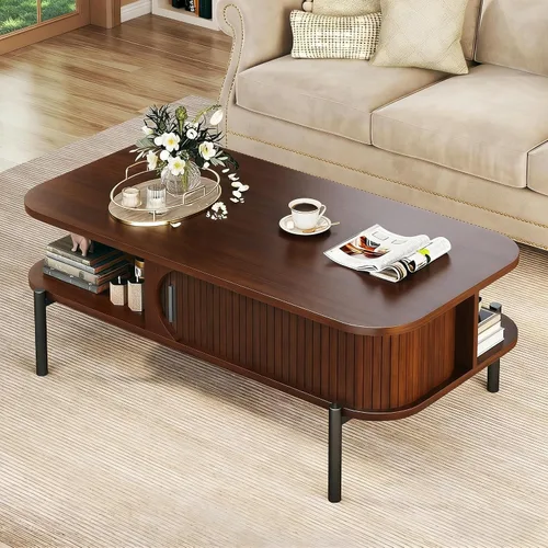 Vista 9 de Mesa de café, mesas de café modernas de mediados de siglo de 39.4" para la sala de estar, mesa de café con almacenamiento, estante abierto, mesa