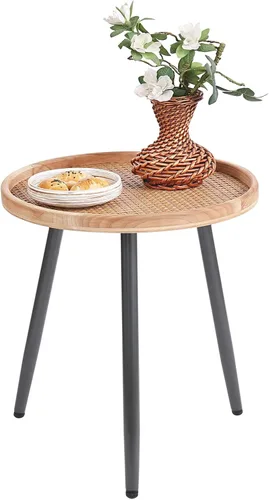 Vista 11 de Tiita Mesa auxiliar redonda mental, mesita de noche, mesas pequeñas de madera, mesa de centro con bandeja de madera para sala de estar, dormitorio