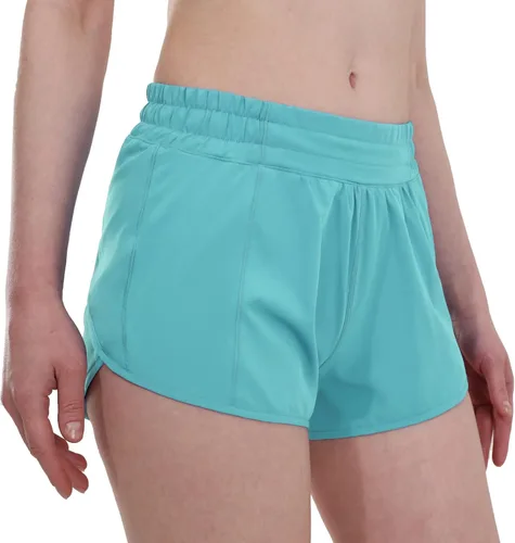 Vista 4 de Aurefin Pantalones cortos de correr para mujer, pantalones cortos deportivos ligeros con forro de malla y bolsillo con cremallera, pantalones cortos