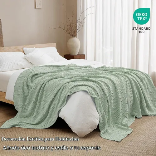 Vista 5 de PHF - Manta de punto gofre 100% algodón King, suave, ligera, transpirable, acogedora, de verano, para cama, tejida, estética, decoración del hogar