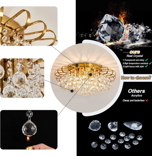 Vista 6 de CVKASH Candelabro de cristal de 4 luces moderno semi empotrado lámpara de techo iluminación de techo para sala de estar, pasillo, comedor, cocina