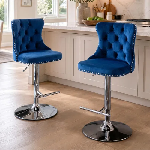 Vista 148 de SoarFlash Juego de 2 taburetes de bar tapizados de terciopelo moderno con patas de madera, botones acolchados, cabeza de clavo cromada, asiento