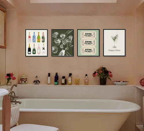 Vista 6 de ULEGIE Decoración de pared de bar, decoración de carrito de bar, decoración de pared retro de cóctel de champán, juego de 4, póster de bar