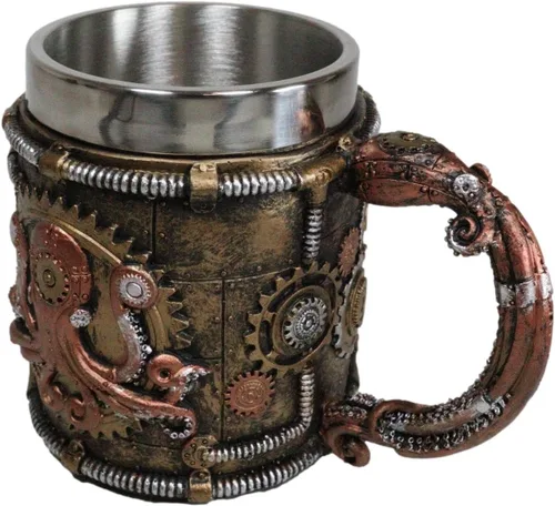 Vista 5 de Ebros Brazen Steampunk Kraken Octopus Cyborg con válvulas de engranajes robóticos esculpidos y tuberías Beverage Drinkware Serveware decorativo Taza