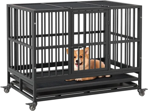Vista 2 de Jaula de perro resistente de 42 pulgadas con ruedas, resistente e indestructible, a prueba de escape, ruedas con bloqueo de 360° y bandeja