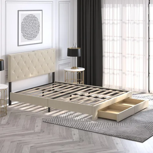 Vista 4 de NSdirect Base de cama tamaño Queen con cajón de almacenamiento, base de cama tapizada de terciopelo con 2 cajones de almacenamiento y estación
