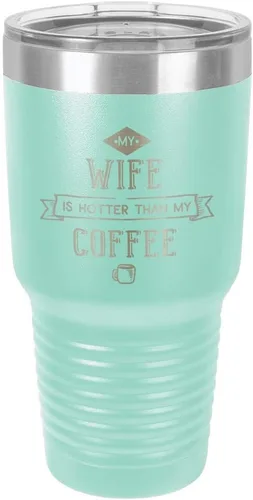 Vista 20 de Taza de viaje de acero inoxidable con popote y tapa superior deslizante My Wife Is Hot Than My Coffee Black de 30 onzas
