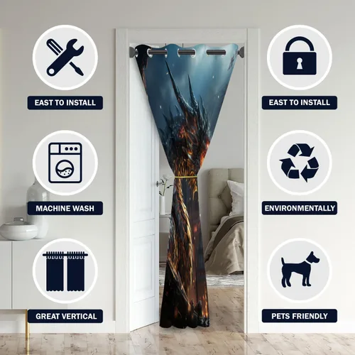 Vista 3 de Cortinas de puerta de dragón para puertas, mágica cortina opaca medieval de animales de fantasía para armario de dormitorio de niños, con ojales
