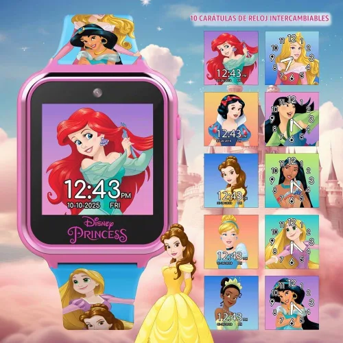 Vista 2 de Accutime Disney's Princess - Reloj inteligente interactivo con pantalla táctil para niños, cámara selfie integrada, correa fácil de abrochar
