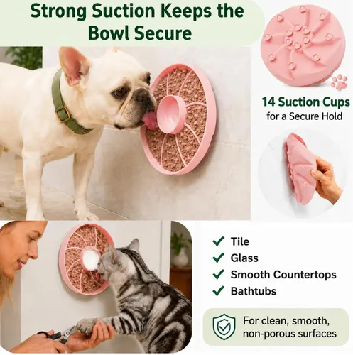 Vista 7 de Slow Feeder Dog Bowls, Suction Cup Lick Bowl for Dogs & Cats (Pink)