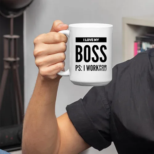 Vista 4 de Taza de café con texto en inglés "I Love My Boss PS I Work For Mysel", regalos para jefes, divertida, sarcástica, empresario, compañero de trabajo