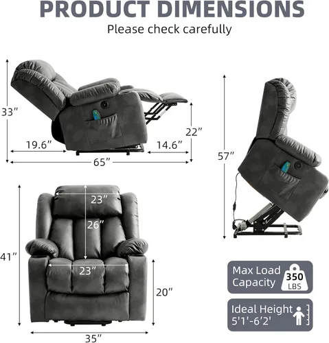 Vista 2 de Silla reclinable eléctrica para personas mayores, sillas reclinables eléctricas para adultos con masaje y calor, portavasos, control remoto, puertos
