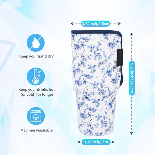 Vista 2 de Fundas aisladas de neopreno reutilizables, idea para vaso de 40 onzas con asa (solo mangas de taza) (China floral abstracta) Reusable Neoprene