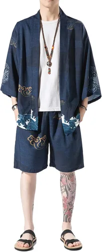 Vista 4 de PRIJOUHE Conjunto de kimono de estilo japonés para hombre, ligero, casual, siete mangas, frente abierto, cárdigan y pantalones cortos