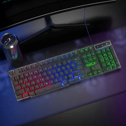 Vista 8 de Teclado para juegos con cable LED tricolor retroiluminación para juegos de 104 teclas Control multimedia para computadora de escritorio IZ9