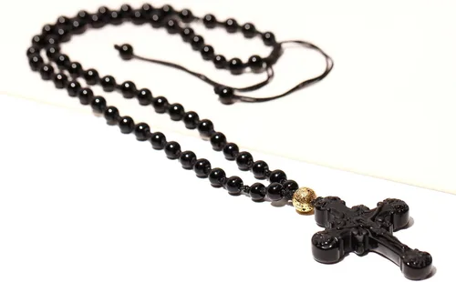 Vista 5 de Collar largo con colgante de cruz de obsidiana negra para mujeres y hombres, cristales y piedras con cuentas, amuleto ajustable, regalos de joyería