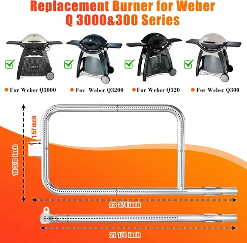 Vista 2 de Hisencn 65032 Tubo de quemador de parrilla para parrillas Weber Q3200, Q3000, Q320, Q300, 57060001, 404341, 586002, acero inoxidable 304, repuesto