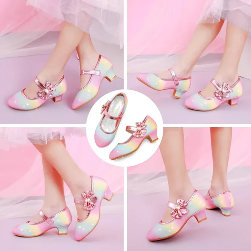 Vista 7 de Dufannie Zapatos de vestir para niñas, zapatos de tacón bajo de princesa, zapatos planos con purpurina para bodas y fiestas