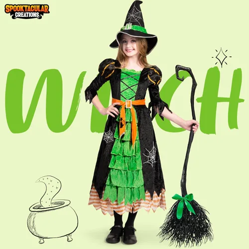 Vista 2 de Spooktacular Creations Disfraz de bruja de cuento de hadas con escoba para niñas Verde