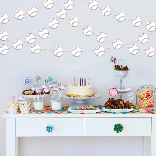 Vista 3 de Paquete de 8 pancartas de fiesta de béisbol, kit de guirnalda de béisbol, suministros de fiesta de béisbol, decoraciones de papel de béisbol