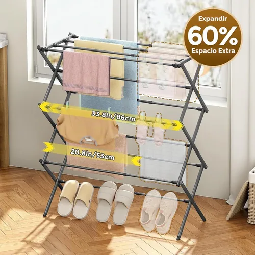 Vista 2 de KINGBOARD Tendedero de secado de ropa plegable con 11 postes, estante de secado de lavandería de 3 niveles, estante de secado de ropa pequeño