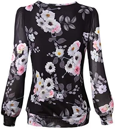 Vista 3 de Timeson Blusa para mujer, plisada al frente, de manga larga con cuello redondo