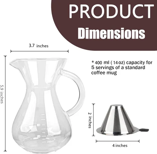 Vista 2 de T-mark Cafetera vertida con filtro reutilizable de acero inoxidable de doble capa, jarra de café de vidrio sin BPA de 13.5 fl oz/14oz, cafetera