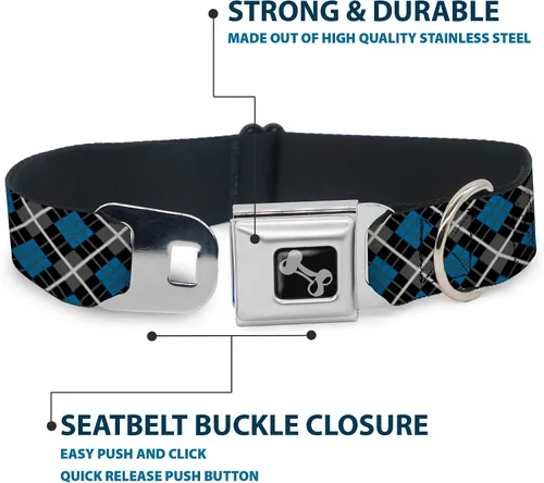 Vista 4 de Buckle Down Turquesa/Negro/Gris Argyle Asiento Hebilla de cinturón perro collar, S, Azul
