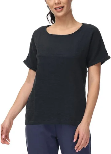 Vista 2 de Soojun - Blusa de algodón y lino para mujer, cuello redondo, diseño entramado
