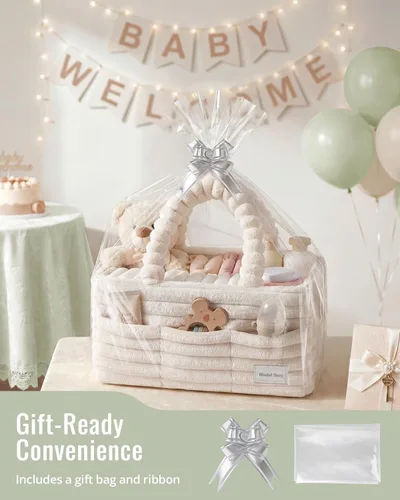 Vista 6 de Blissful Diary Flannel Diaper Caddy Organizer & Gift Packaging, Cream Beige Portable Diaper Basket, Nursery Storage Basket, Gift to Baby Shower