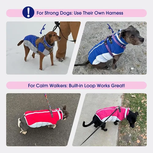 Vista 8 de Abrigo para perro, chaqueta cálida de invierno, acolchada, de vellón, chaleco reflectante con arnés, chaqueta de nieve impermeable con cremallera, a