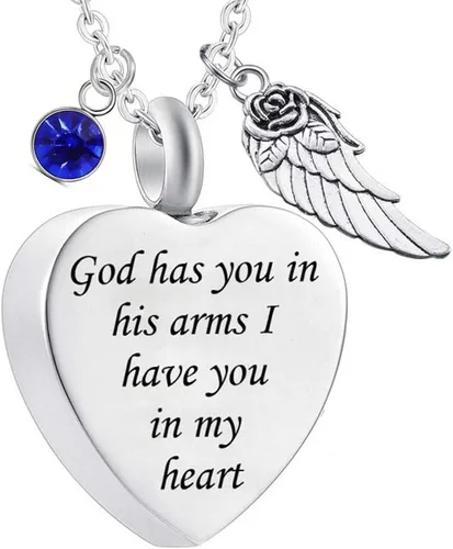 Vista 12 de Dios te tiene en sus brazos con dije de ala de ángel para cenizas de cremación, collar de urna conmemorativa con cristal de piedra natal Abril