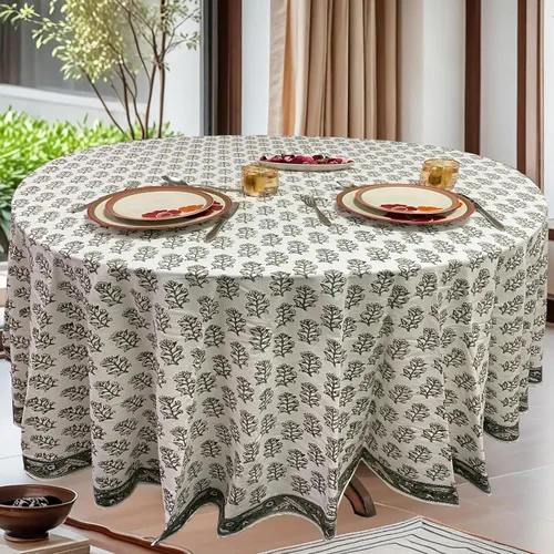 Vista 25 de Mantel redondo con estampado de bloque a mano, 100% algodón, reutilizable, turquesa, verde musgo, 90 pulgadas, mantel decorativo para uso diario