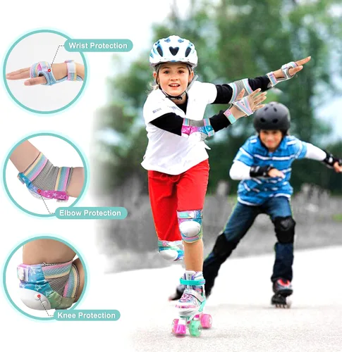 Vista 7 de SULIFEEL Patines ajustables para principiantes con rodilleras de unicornio arcoíris verde y rosa