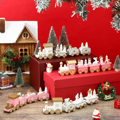Vista 3 de Syhood 4 piezas de tren de madera rosa de Navidad mini decoración de tren pintado alrededor del árbol para niños, adorno de escritorio de madera