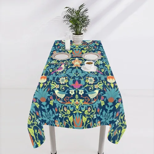 Vista 270 de Mantel Floral Retro de Pájaros, Diseño Original Bohemio William Morris Estampado Cubierta de Mesa para Hogar Picnic Fiesta Comedor Cocina William
