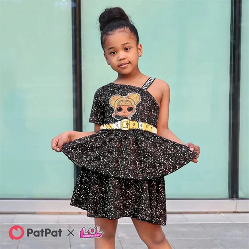 Vista 3 de L.O.L. Surprise! Vestido escalonado con estampado de figura de un hombro para niñas, vestido casual fluido, talla 6-12, Negro