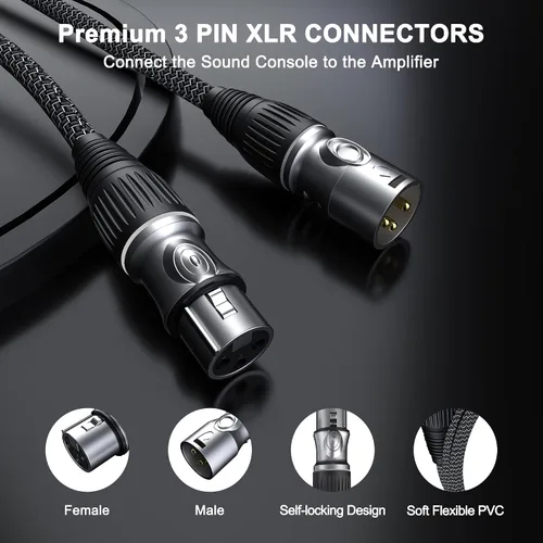 Vista 4 de GeoHN.G Cable de micrófono XLR de 16.4 pies/16.4 ft, cable de micrófono equilibrado de 3 pines XLR macho a hembra, cable de altavoz trenzado