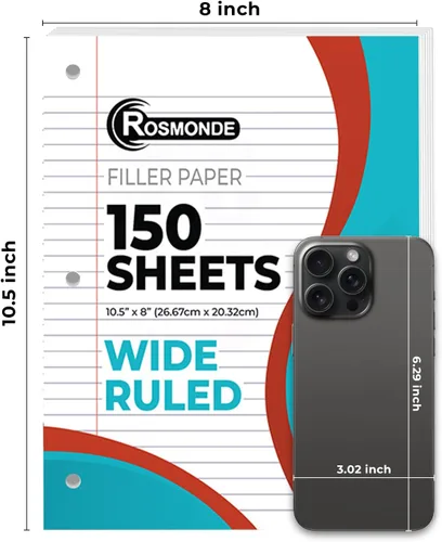 Vista 3 de Rosmonde Hojas sueltas, 900 hojas, paquete de 6, con rayas anchas, 8 x 10.5 pulgadas, hojas de relleno de oficina a granel de 56 gsm, con 3 agujeros