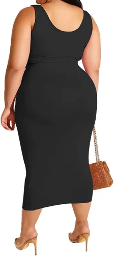 Vista 2 de Conjunto vestido a media pierna de 2 piezas de talla plus, conjunto de falda ajustada, top ajustado, estampado estilo hippy sin mangas